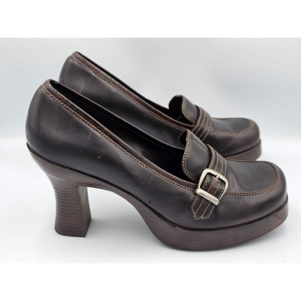 90s L.E.I. Brown Chunky Platform Buckle Heels Shoes Women's Size 11 Vintage Y2K